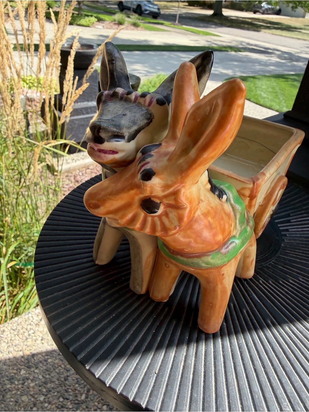 Vintage Hand-Painted Ceramic Donkeys Pulling A Cart Planter Japan
